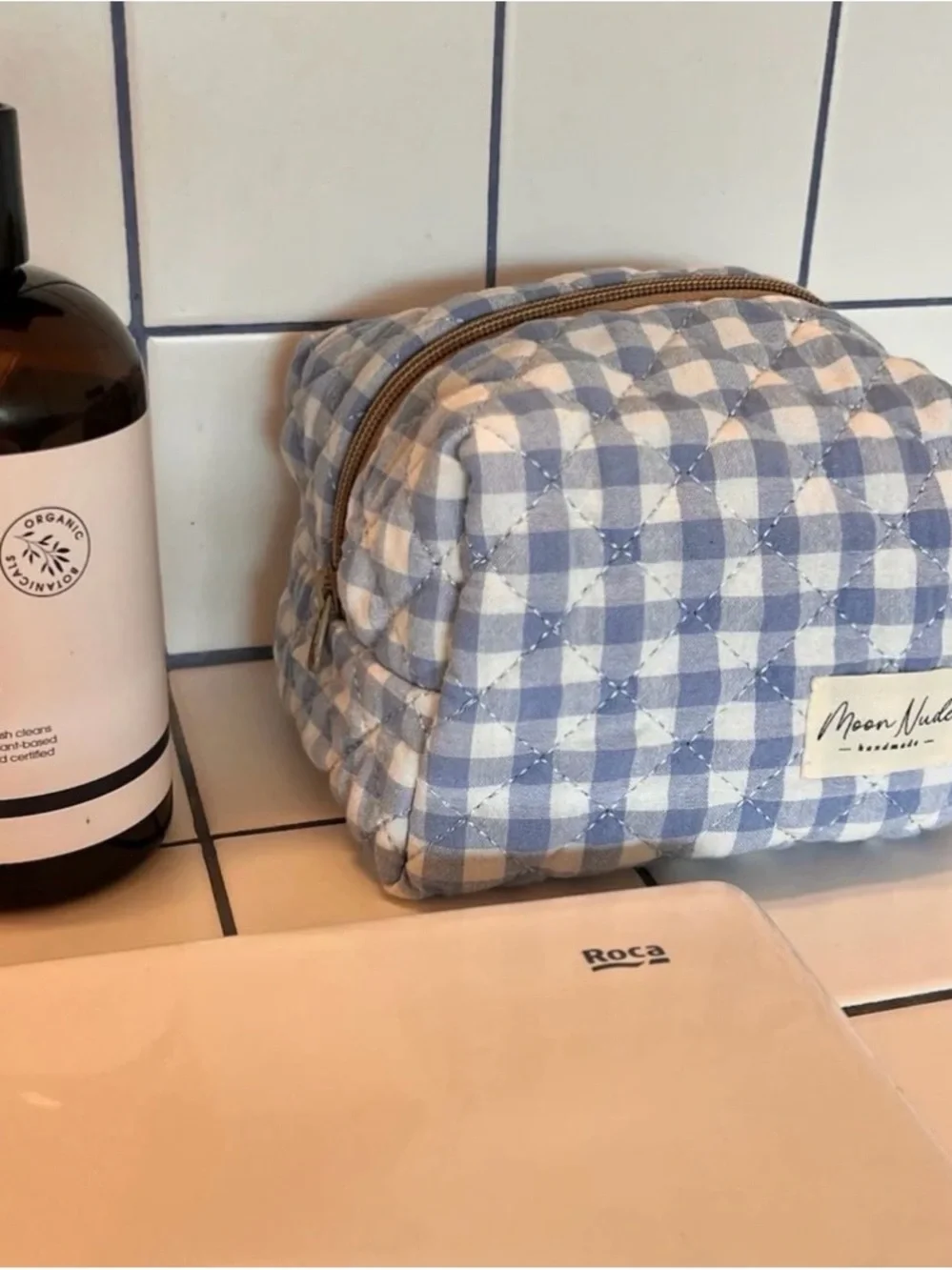 Moon Nude Light Blue Gingham Quilted Cosmetic Bag